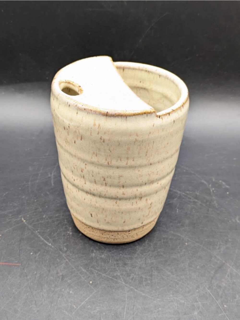 Vintage Ceramic Studio Pottery Mustache Guard Mug Cup Signed Beige Speckled 12oz